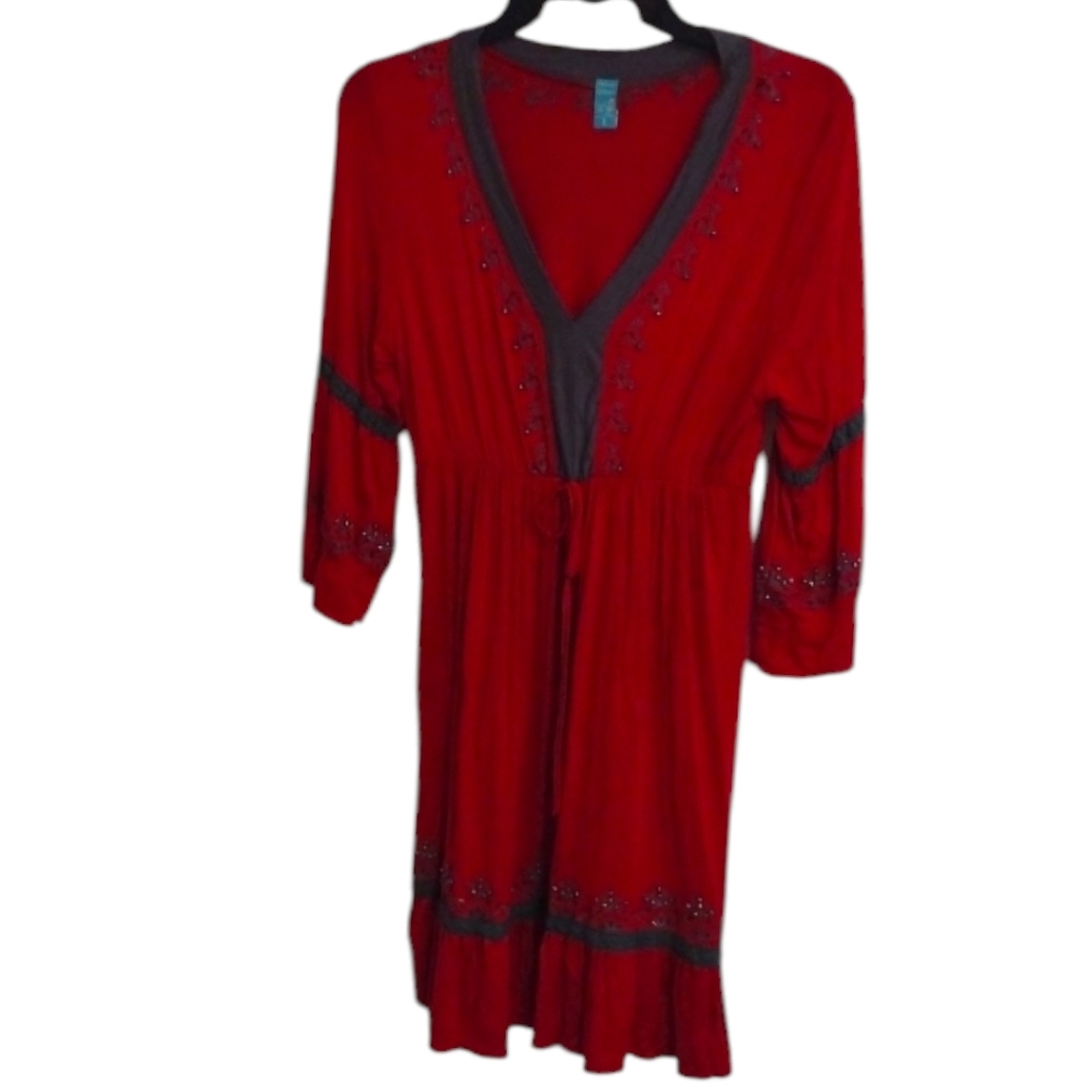 Urban Mango Beaded V-Neck  Red Dress Large Embroidered